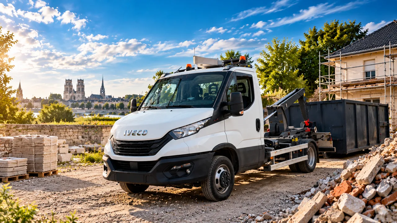 Camion Iveco Daily blanc équipé d'un bras Dalby et sa benne sur un chantier près d'Orléans